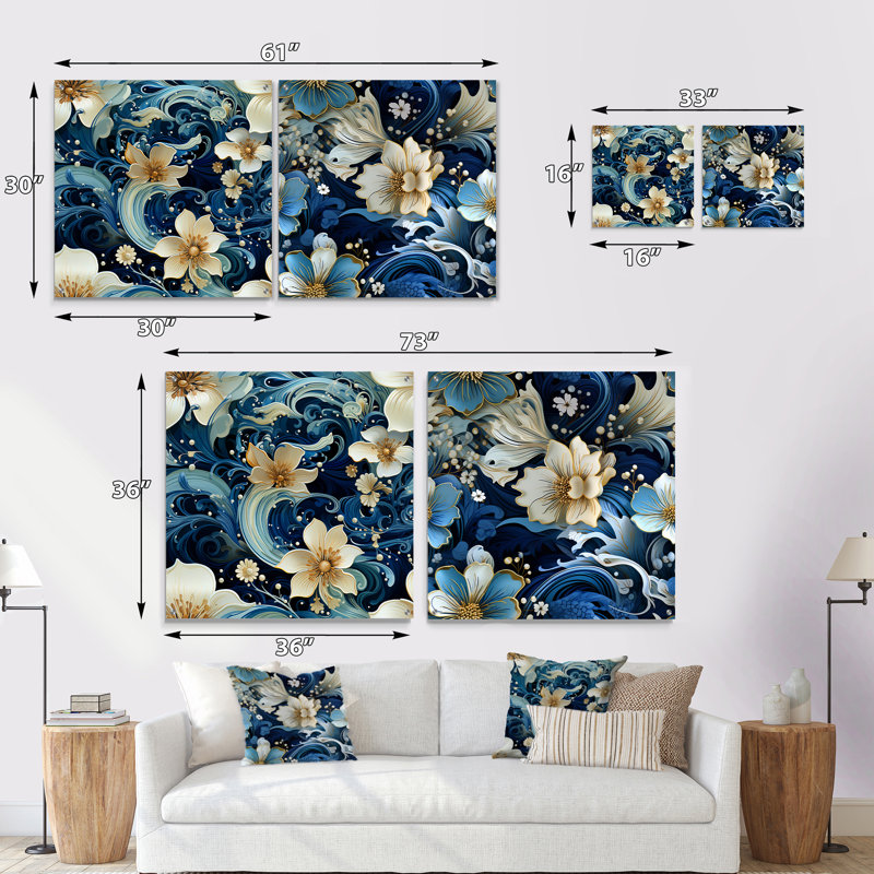 «Nautical Allure Paisley», ensemble de 2 peintures murales abstraites en acrylique, H 16 po x l 33 po