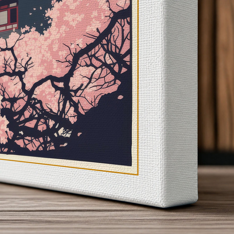 Pagoda Under Blossom Japandi - Wrapped Canvas, 24x16 - 61.0 x 40.6 cm, White Border