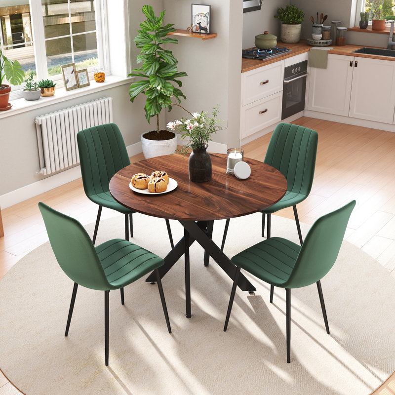 Ensemble de table de salle à manger 36 po avec chaises en velours, 5, Brun, Vert