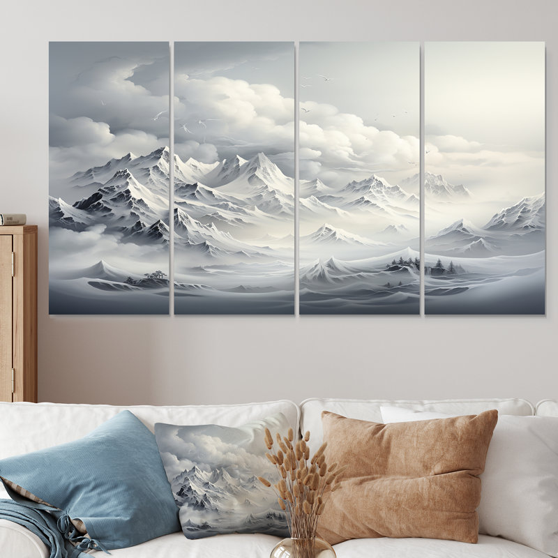 «Snowy Mountain Peaks Serenity III - Mountains Winter», ensemble d'art mural 4 pièces, H 32 po x l 64 po