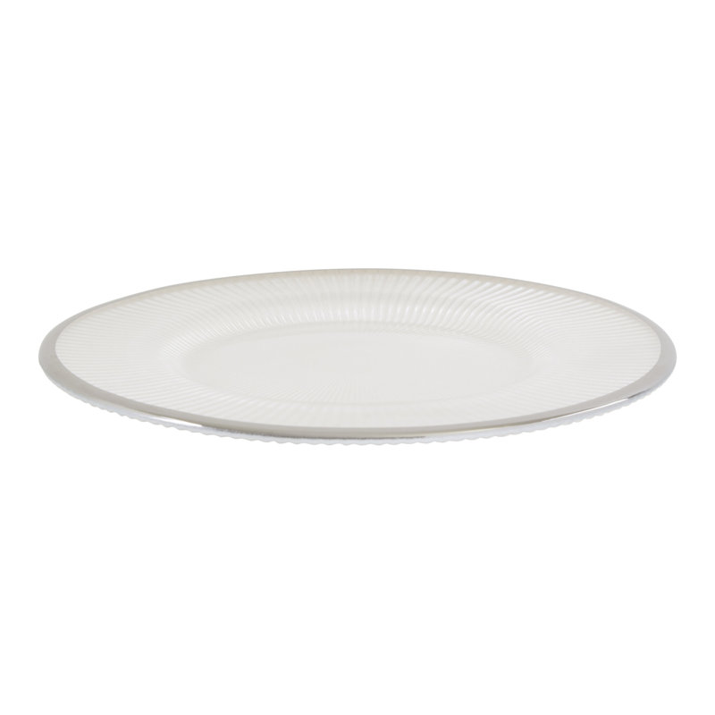 Ida White Embossed Glass Dinner Plate with Silver Rim, Silver/White
