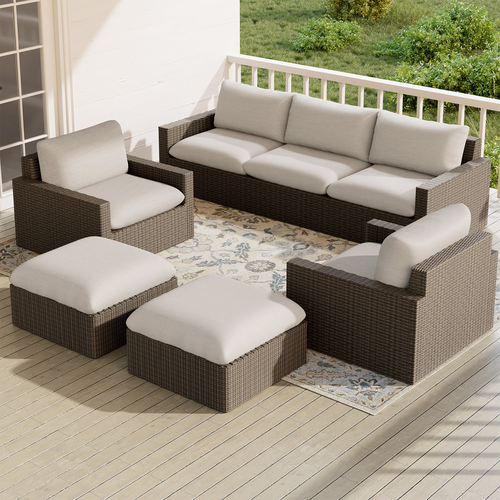 Pippa 7-Person Patio Seating Group, 5Pcs:Armchair, 2 Armless Sofas, 2 Ottomans