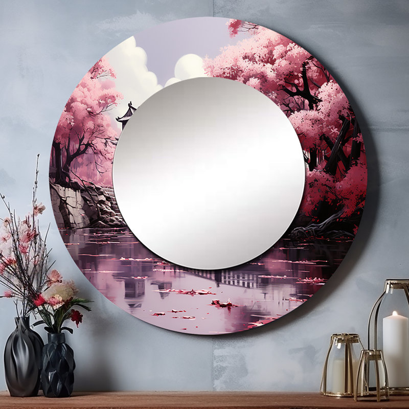 Japon, art de cerisier rose pont - Japon Art Unique miroir mural décoratif, grand miroir rond rose, art imprimé en métal