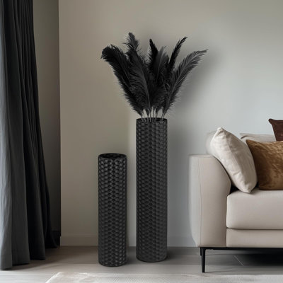 White Tall Vases For Floor: 27.6/21.7In Metal Cylinder Handmade Flower Holder Extra Large Decorative Vase Set Of 2 Modern Honeycomb Texture Big Standing Vase For Living Room Home Corner