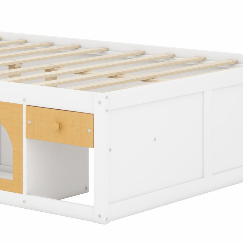 Lit plateforme fonctionnel en bois avec vitrine, bibliothèque, lumières DEL et tiroir, Blanc et naturel, Grand lit