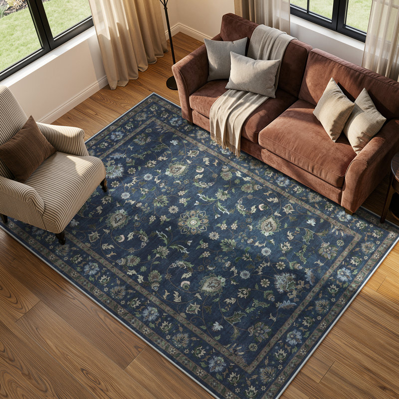 Vintage Floral Vine Washable Navy Blue 5X7 Area Rugs – Non-Slip Soft Low Pile Carpet for Living Room, Bedroom Dining Room & Entryway