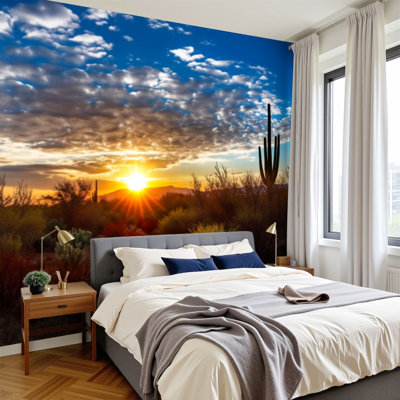 Peel and Stick Wallpaper Arizona desert landscape sunset Cactus Wall Murals 100"H x 144"W Removable PVC Wall Paper Self-Adhesive Wall Decor for Bedroom Living Room Home Office