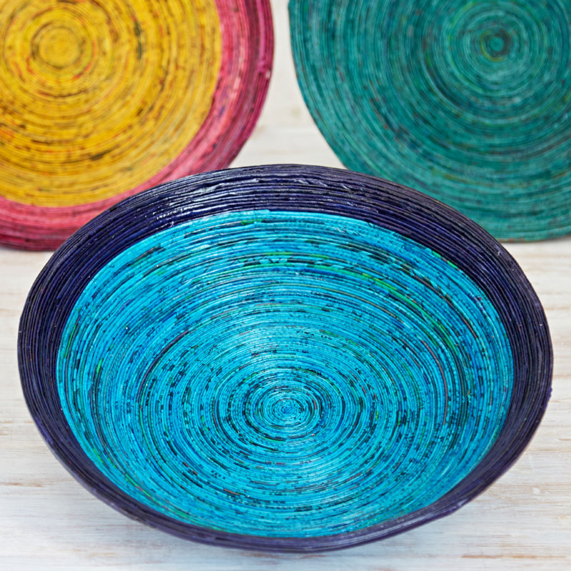 Handmade Paper Decorative Bowl 1, 7.5cm H x 20cm W x 20cm D, Dark Blue/Light Blue