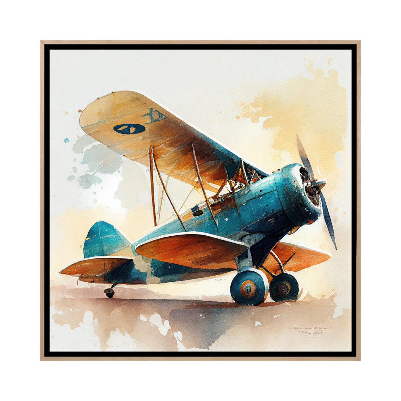 Aquarelle, avion rétro I, Toile avec cadre flottant en bois naturel, H 18 po x l 18 po x P 1,5 po