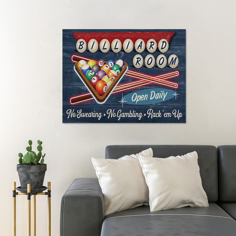 «Billiard Game - Billiard Room Open Daily No Swearing No Gamling Rack 'Em Up», reproduction d'art graphique sur toile tendue