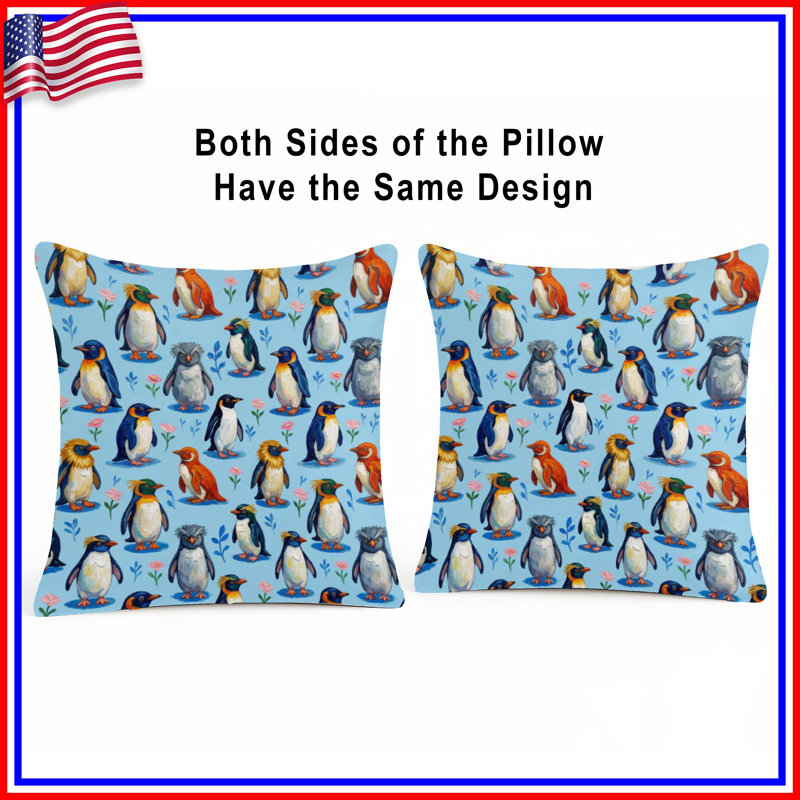 Colourful Penguin Illustration Double Sided Throw Pillows, 14 x 14 inches