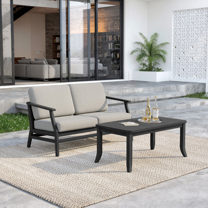 Polett Teak Outdoor Two-person Patio Set With Cushions And Side Table, Light Camel, Black
