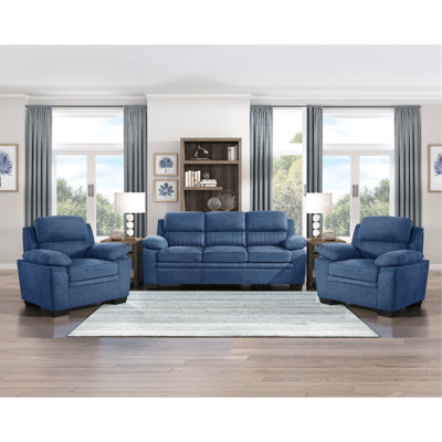 Solid Wood Frame Armchair With Blue Textured Fabric Upholstery Contemporary Living Room Chair In And