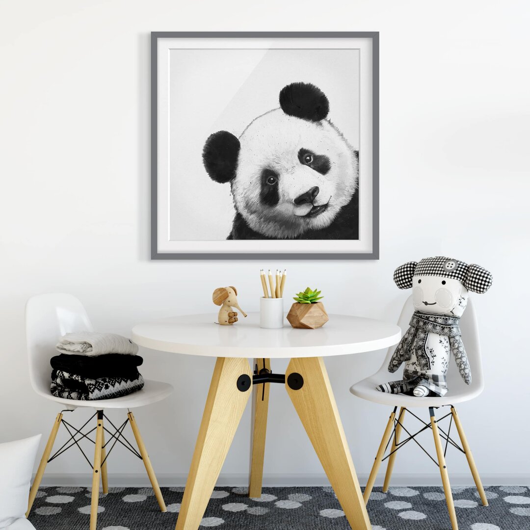 Gerahmter Grafikdruck Illustration Panda in Schwarz/Weiß