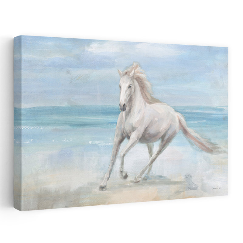 Galop sur la plage, animaux côtiers, bleu, gris, plage, H 24 po x l 16 po