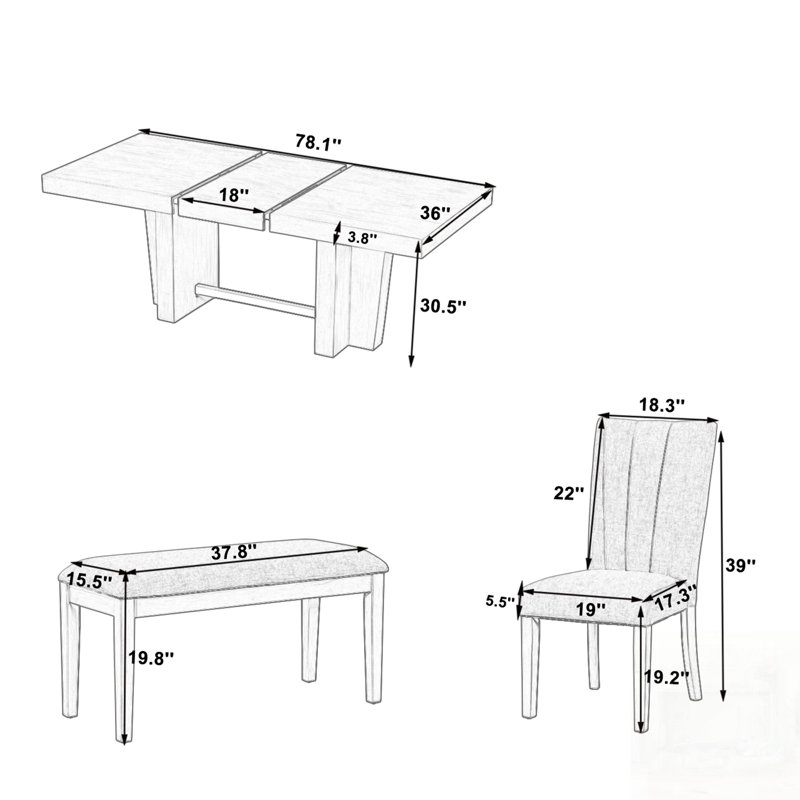 Ensemble de table de salle à manger en bois extensible pour 6 personnes avec banc et 4 chaises rembourrées Farmhouse