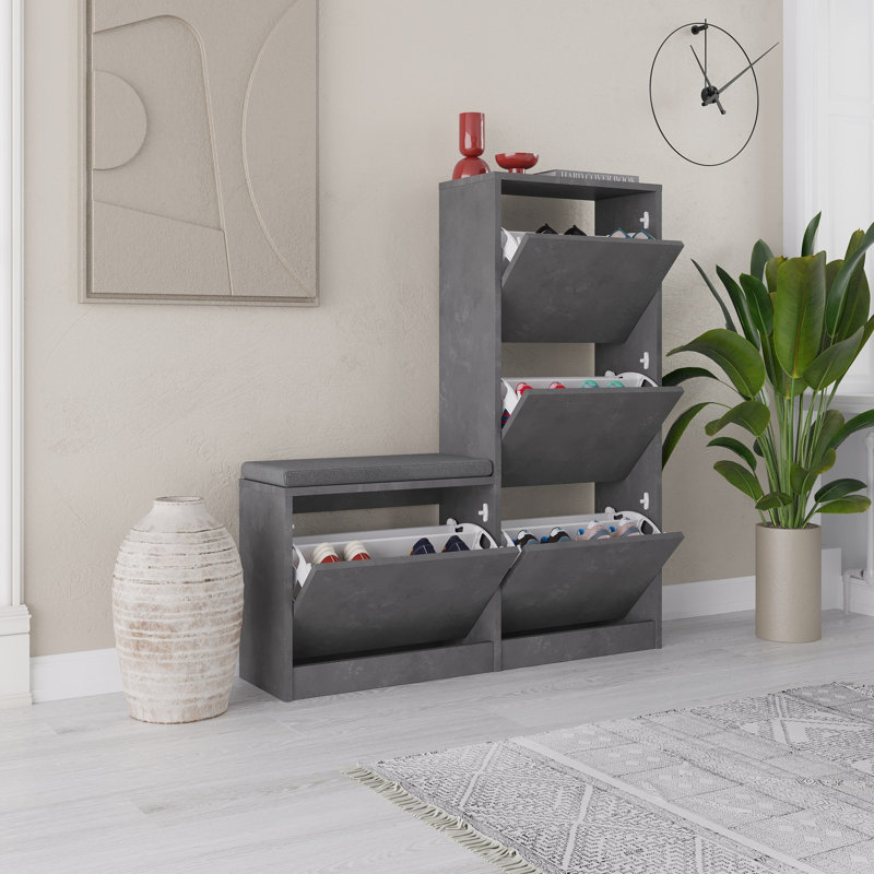 Modern Shoe Cabinet, Grey, 41.3 x 46.7 x 10.2 inches | 100% Melamine Coated Particle Board, Thickness: 0.7 inches | Stylish & Functional Storage Solution for Entryway & Hallway, Industrial Design