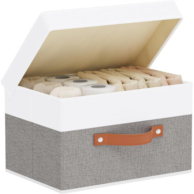 Storage Bin with Lid,White/Grey Basket,1Pack,13x9.1x7.9In | Storage Baskets with Handles,Fabric Clothing Boxes, Collapsible Organizer,Closet Container Cubes for Shelves Wardrobe