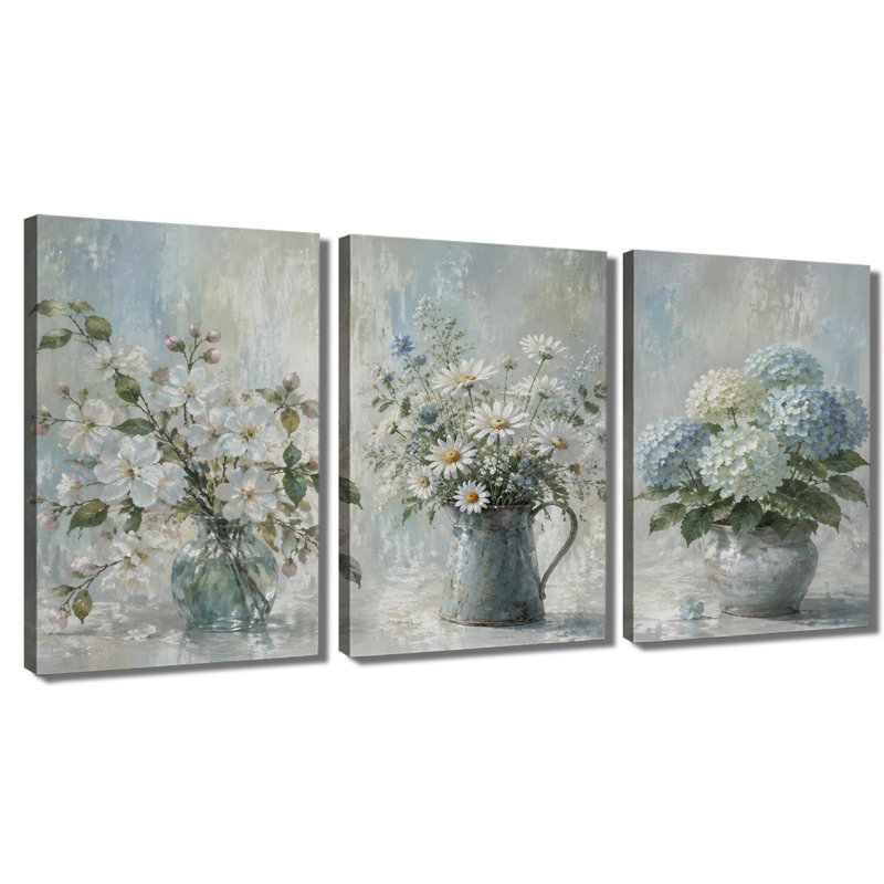 Tableau mural à 3 panneaux, motif floral vintage avec vase, marguerites et hortensias, impression sur toile tendue