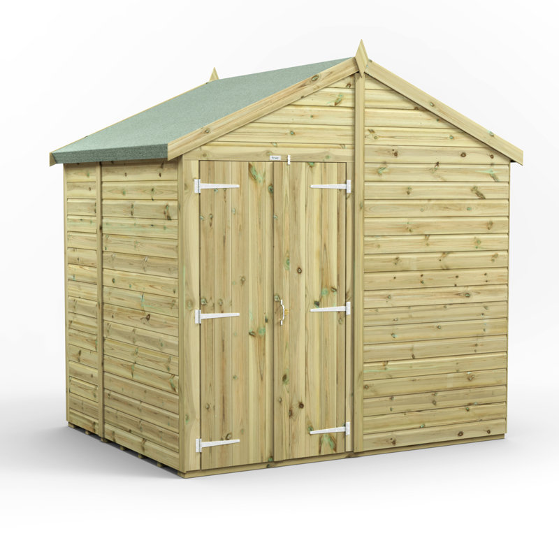 Powersheds 6 x 8ft Premium Pressure Treated Timber Windowless Apex Garden Shed, Double Doors