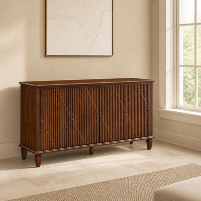 Meuble télé moderne de style Mid-Century 58 pouces, armoire de rangement en bois avec portes géométriques sculptées, console multimédia à 4 portes, buffet avec étagères réglables et système de gestion des câbles pour salon, salle à manger, entrée, meuble multifonctionnel pour la maison