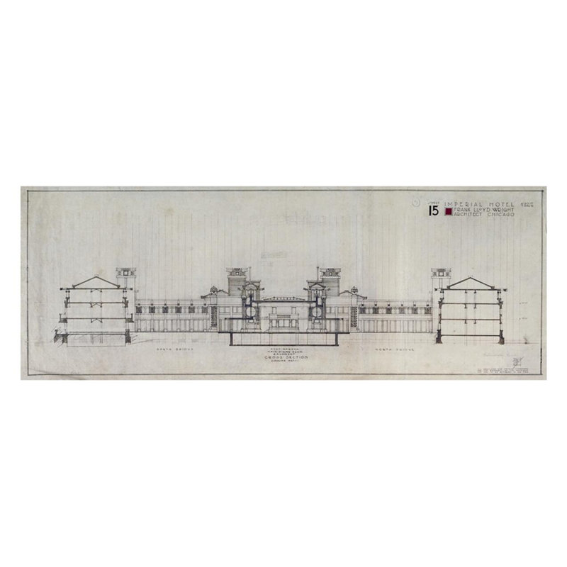 «Imperial Hotel Cross Section (regardant vers l'Ouest)» par Frank Lloyd Wright - Estampe numérique, H 22 po x l 28 po