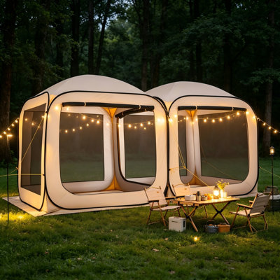 Beige 12X6 FT 2-In-1 Pop Up Screen Tent, Portable Outdoor Screen House Canopy With Full Netting, Ground Stakes And Carry Bag For Patio Garden Backyard