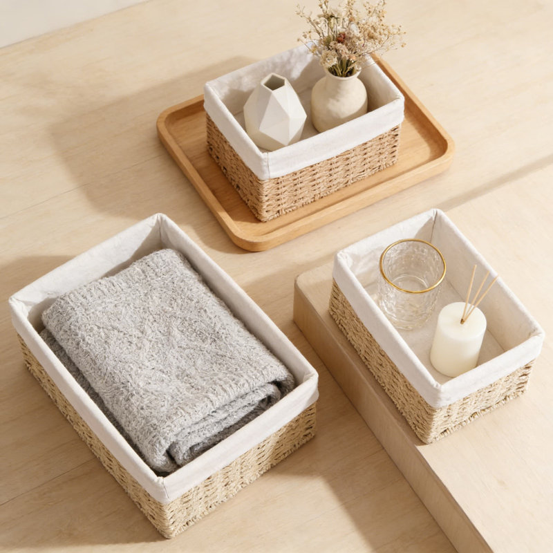 Hand-Woven Wicker Storage Baskets Set Of 3 With Handles, Decorative And Stackable Organizing Bins For Bathroom, Shelves, Closet, And Home Decor