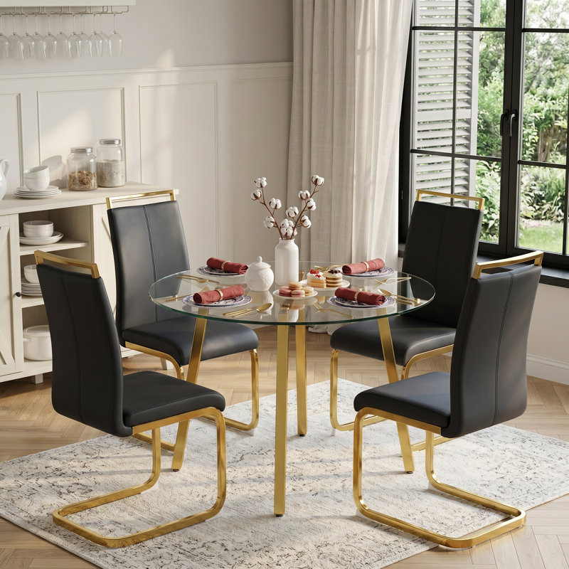 5-Piece Modern Round Tempered Glass Dining Set with Cantilever Chairs, Black, 5 Pieces: 1 Table, 4 Chairs