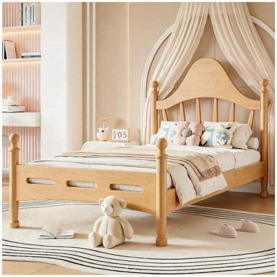 Twin Size Platform Bed with Chic Headboard, Solid Wood BED Frame with Slatted Support, No Box Spring Needed and Low to Ground Design, Natural