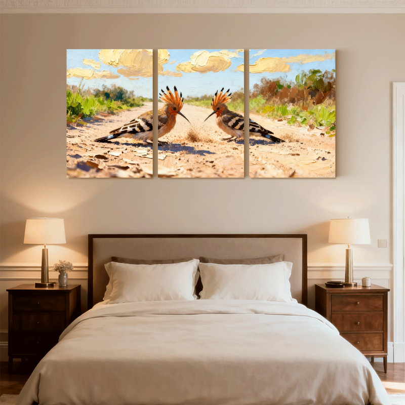 Birds Hoopoe Birds on Sandy Path Under Cloudy Sky, ensemble de 3 impressions sur toile, H 18 po x l 36 po
