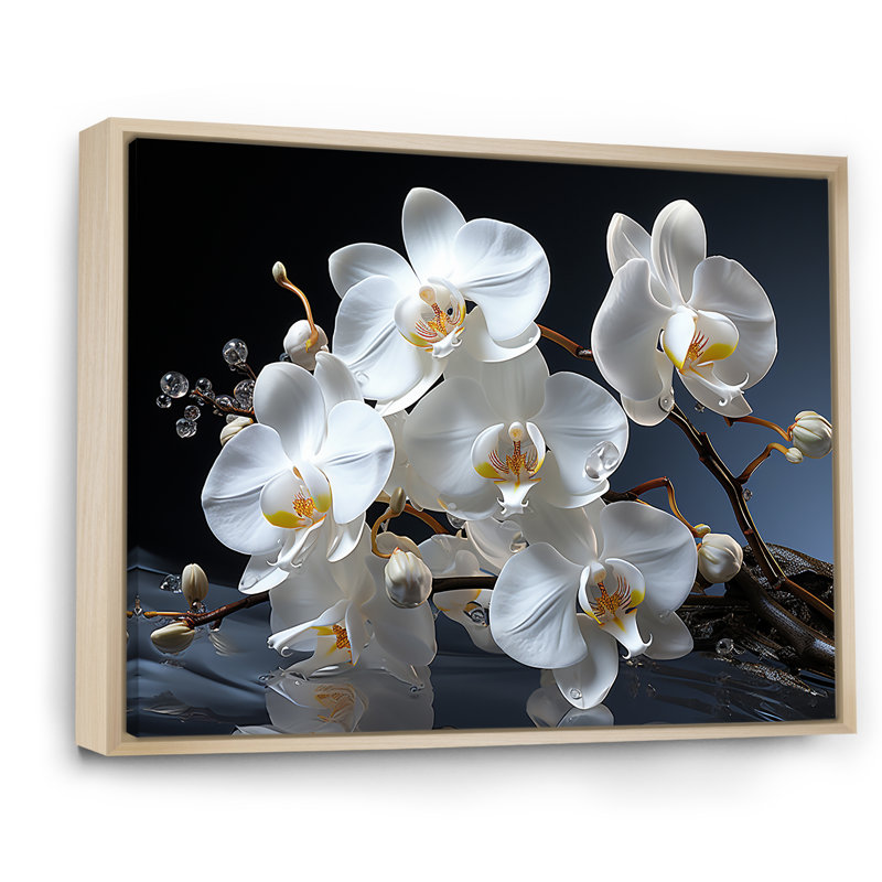 Orchidées blanches et jaunes de sérénité sur toile, Cadre flottant naturel, H 24 po x l 32 po x P 1 po