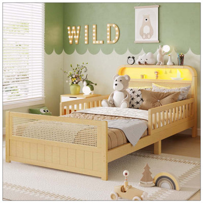 Rattan Bed Frame with LED Lights and Storage Headboard