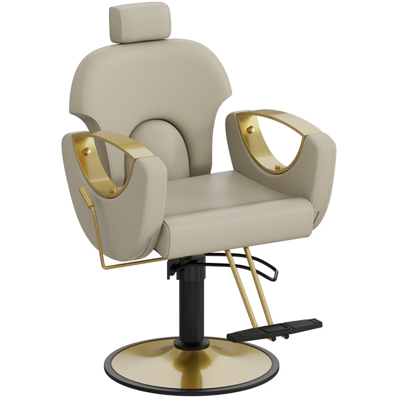 Reclining Barber Chair, Height Adjustable Hydraulic Salon Chairs, Hair Stylist Chair for Barbershop, Beige Faux Leather