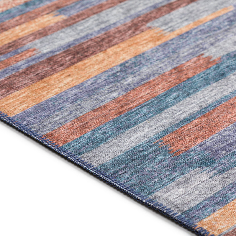 Tapis bleu / brun / gris abstrait tissé à la machine, Rectangle 5 pi x 7 pi 6 po