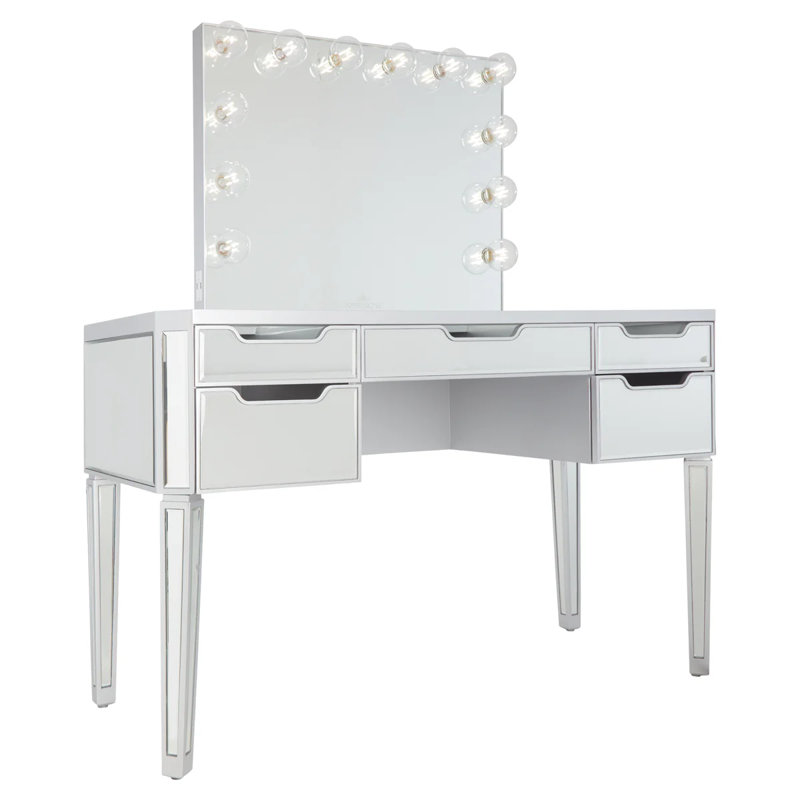Table de coiffeuse avec plateau en verre transparent, plateau de maquillage avec panneaux latéraux en miroir, tiroirs et pieds Slay Station Aria