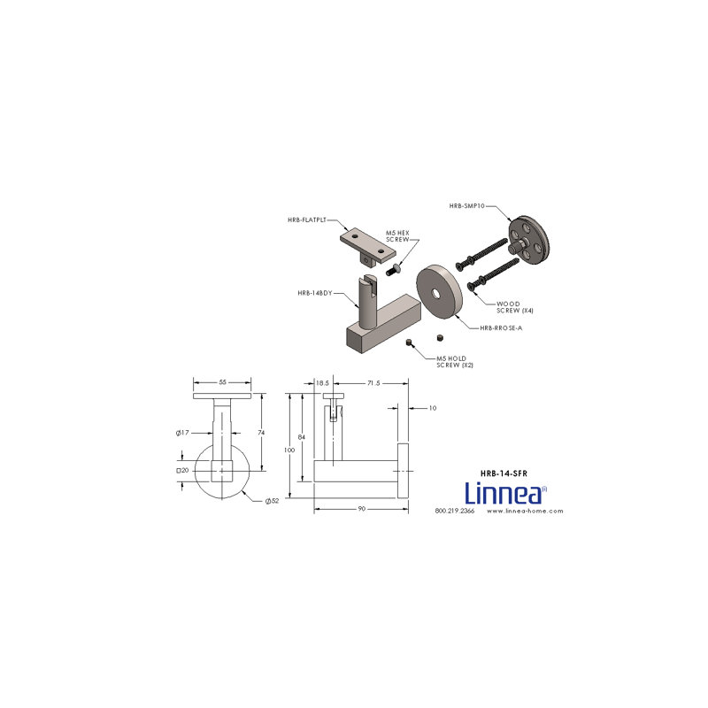 Surface Mount Handrail Bracket with Round Rose and Flat Plate, Satin Stainless Steel