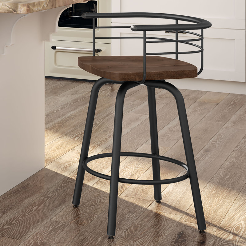 Friedell Solid Wood Swivel Counter & Bar Stool, Counter Stool (26" Seat Height), Textured Black Metal, Brown Wood
