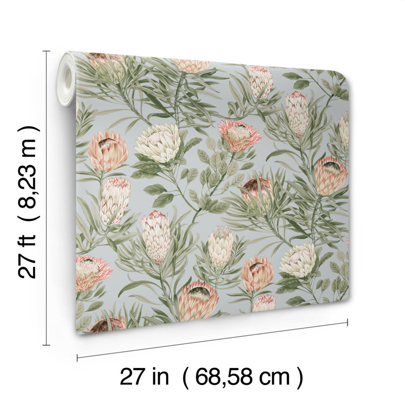 Protea 27' L x 27" W Wallpaper Roll, Dusty Blue/Coral