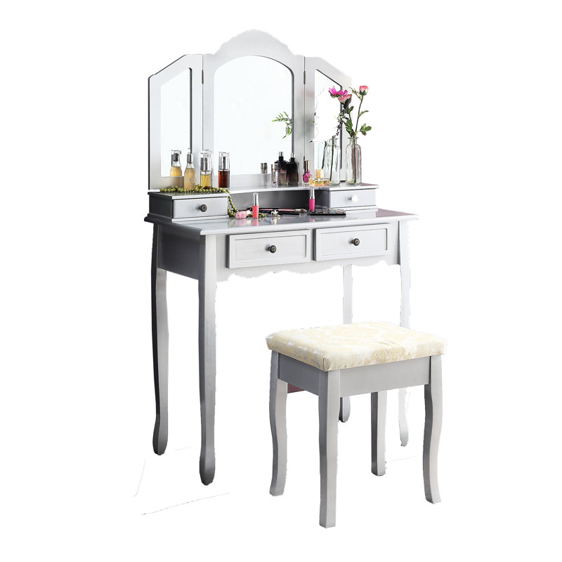 Silver Wooden Vanity Make Up Table And Seat - Ample Storage For Beauty Essentials Stool In & Spacious, Silver