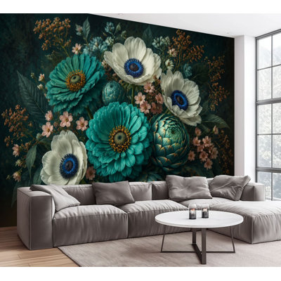 Papier peint adhésif autocollant Bouquet floral élégant Gerbera turquoise Anémones blanches Papier autocollant amovible foncé Décoration murale pour salon Chambre à coucher H 100 po x l 144 po