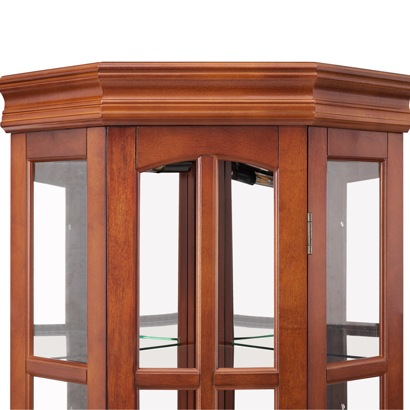 Vitrine de coin en noyer avec 5 tablettes et système d'éclairage à 5 tablettes, Noyer, H 68,46 po x l 23,4 po x P 17,62 po