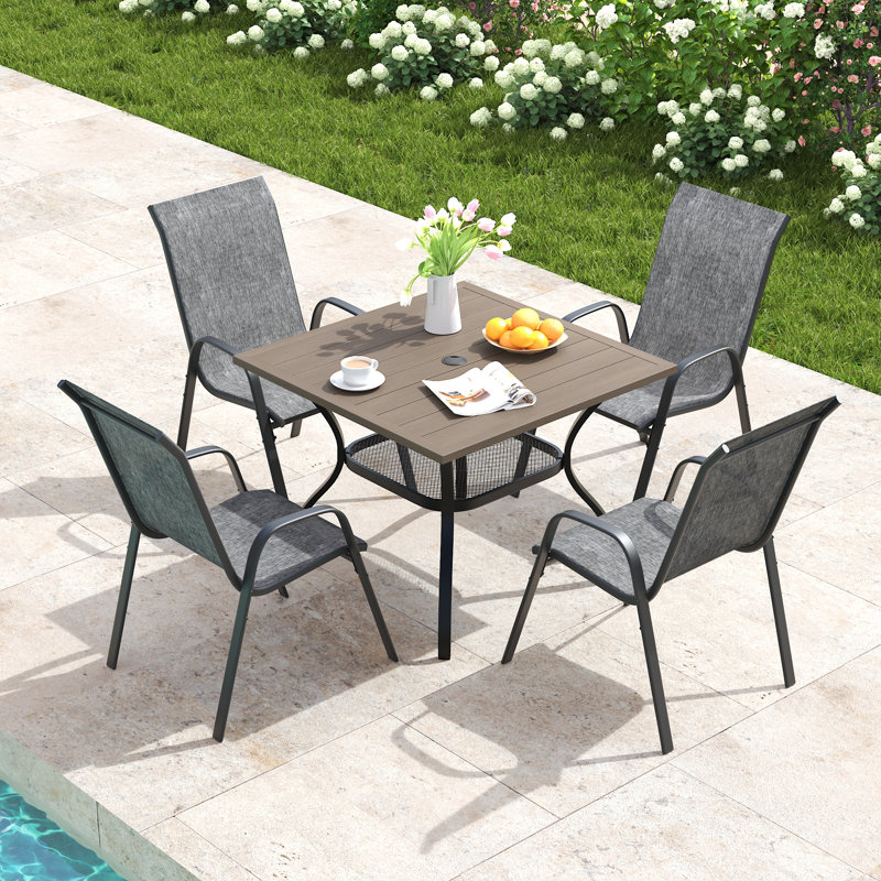 4-Person Square Patio Dining Set With Stackable Chairs, Brush Wood Gray/Gray