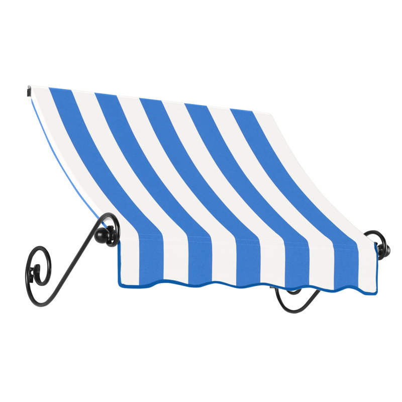 Awntech Charleston Acrylic Fabric Awning with Iron Scroll Arms, Bright Blue/White Stripe, 24" H x 76.5" W x 36" D