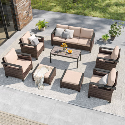 Ensemble de canapé de patio 8 pièces en osier avec table et coussins