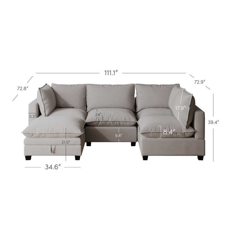 Canapé modulaire sans accoudoirs avec repose-pieds Somerdale, Velours côtelé gris
