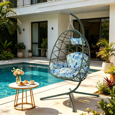 Chaise de hamac en forme d'œuf, chaise d'œuf pivotante, chaise suspendue en osier avec coussin lavable amovible - support en métal robuste, conception tissée respirante capacité de 350 lb pour le patio intérieur et extérieur (vert foncé + floral)
