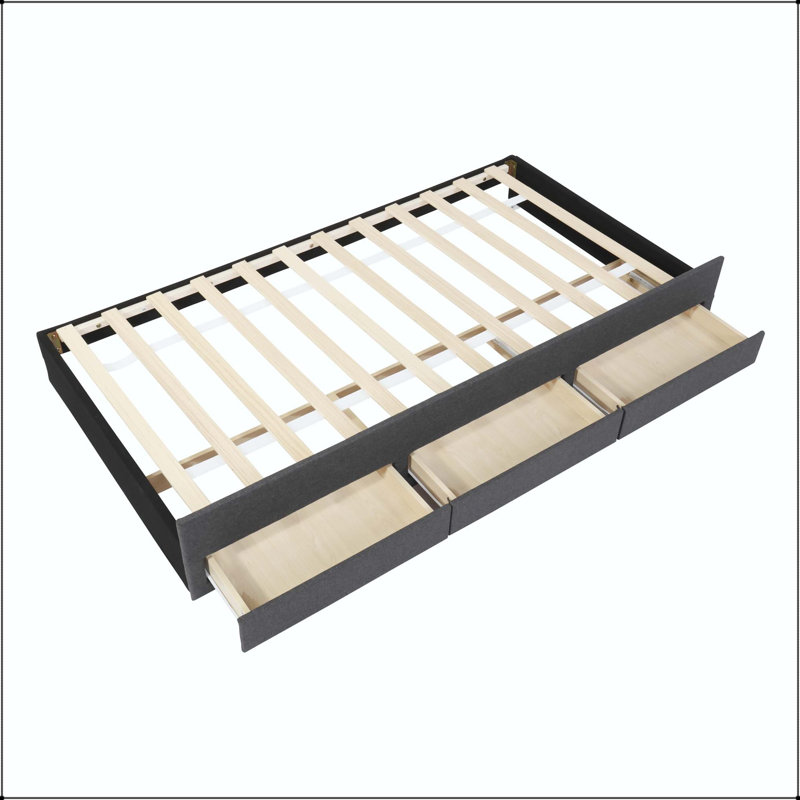 Lit plateforme simple tapissier avec lit gigogne et 3 tiroirs, Gris, Lit simple