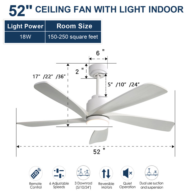 52 Inch Modern Ceiling Fan With Dimmable LED Light 5 Solid Wood Blades Smart Remote Control Reversible DC Motor, White