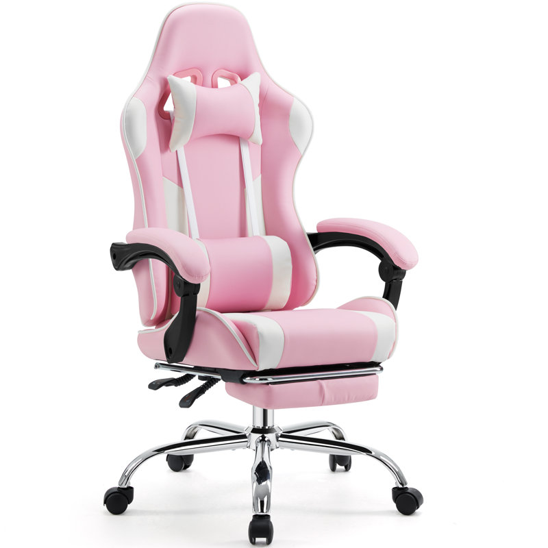 Ergonomic Adjustable Reclining Gaming Chair, High Back Office Chair with Lumbar Support, Headrest and Footrest, Pink